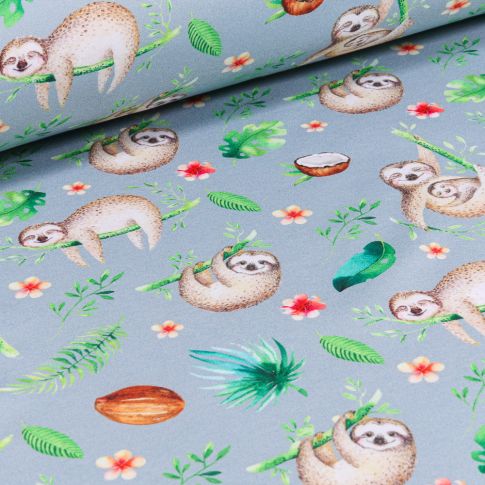 Tissu Softshell Paresseux et feuillages sur fond Bleu ciel