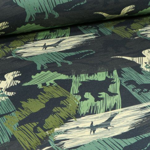 Tissu Softshell Dinosaures sur fond Vert foncé
