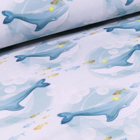 Tissu Softshell Baleines sur fond Gris