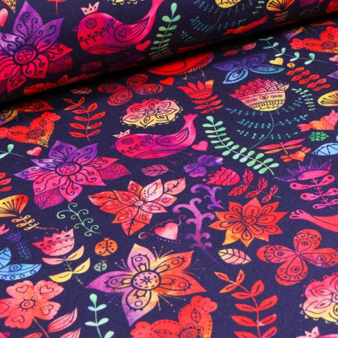 Tissu Softshell Fleurs et oiseaux multicolores sur fond Bleu marine