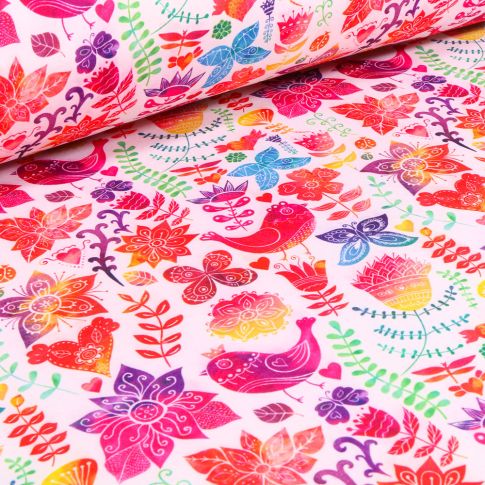Tissu Softshell Fleurs et oiseaux multicolores sur fond Blanc