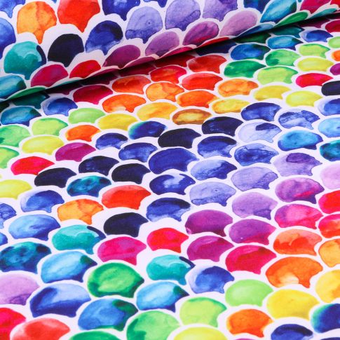 Tissu Softshell Ecailles multicolores sur fond Blanc