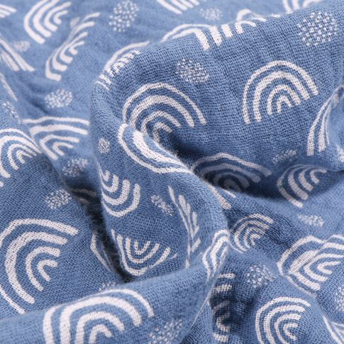 Tissu Double gaze imprimé Arc en ciel sur fond Bleu