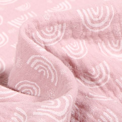 Tissu Double gaze imprimé Arc en ciel sur fond Rose pâle