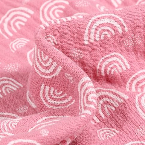 Tissu Double gaze imprimé Arc en ciel sur fond Rose