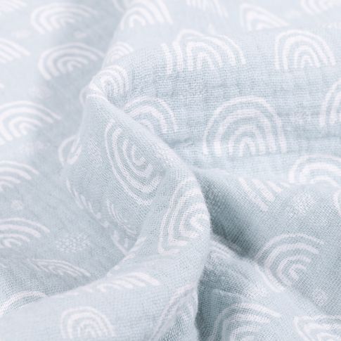 Tissu Double gaze imprimé Arc en ciel sur fond Bleu clair