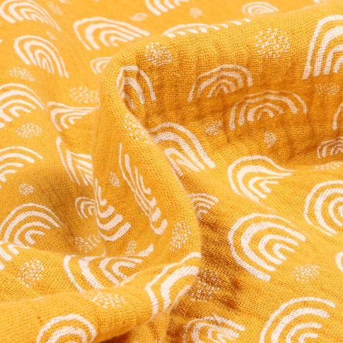Tissu Double gaze imprimé Arc en ciel sur fond Jaune