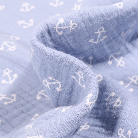 Tissu Double gaze Ancres Marine blanches sur fond Bleu clair