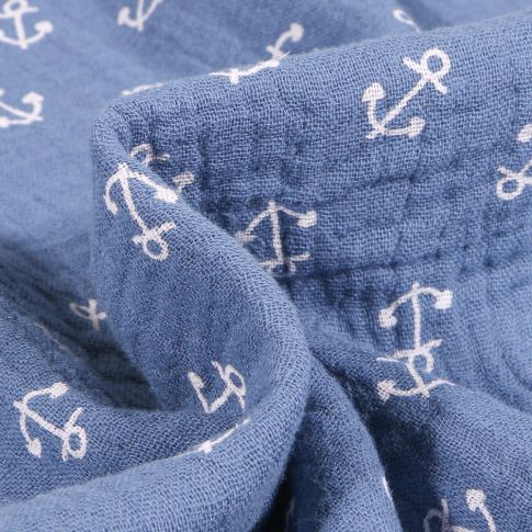 Tissu Double gaze Ancres Marine blanches sur fond Bleu denim