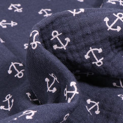 Tissu Double gaze Ancres Marine blanches sur fond Bleu marine