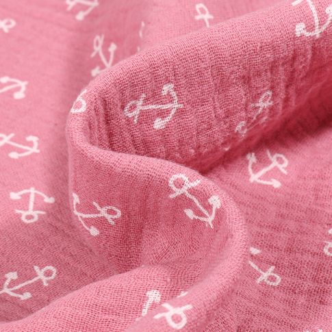 Tissu Double gaze Ancres Marine blanches sur fond Rose