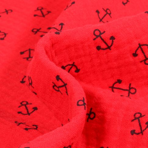 Tissu Double gaze Ancres Marine sur fond Rouge