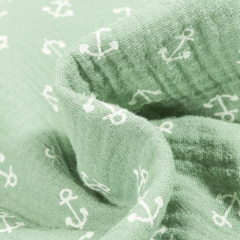 Tissu Double gaze Ancres Marine blanches sur fond Vert d'eau
