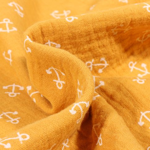 Tissu Double gaze Ancres Marine blanches sur fond Jaune