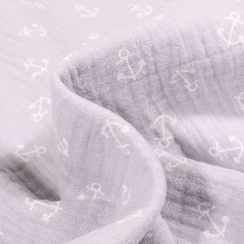 Tissu Double gaze Ancres Marine blanches sur fond Gris