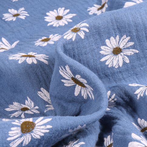 Tissu Double gaze Marguerite sur fond Bleu