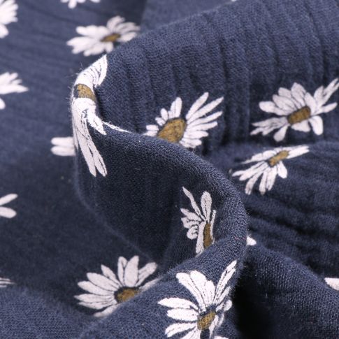 Tissu Double gaze Marguerite sur fond Bleu marine