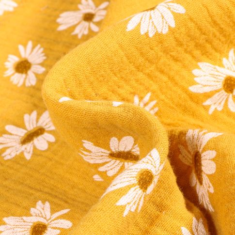 Tissu Double gaze Marguerite sur fond Jaune