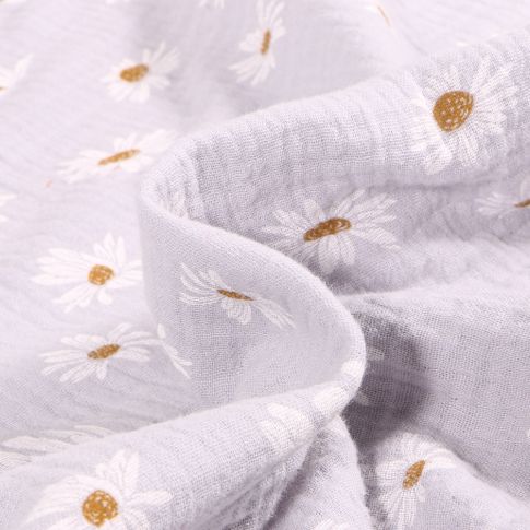 Tissu Double gaze Marguerite sur fond Gris clair