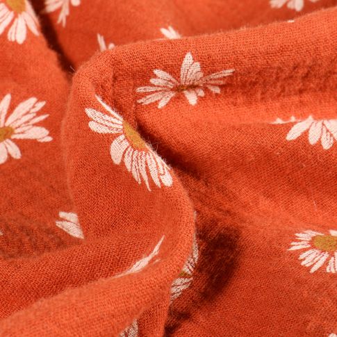 Tissu Double gaze Marguerite sur fond Orange