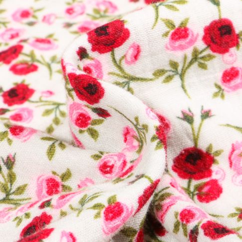 Tissu Double gaze imprimé Boutons de rose sur fond Blanc cassé
