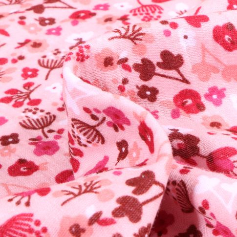 Tissu Double gaze imprimé Fleuris sur fond Rose