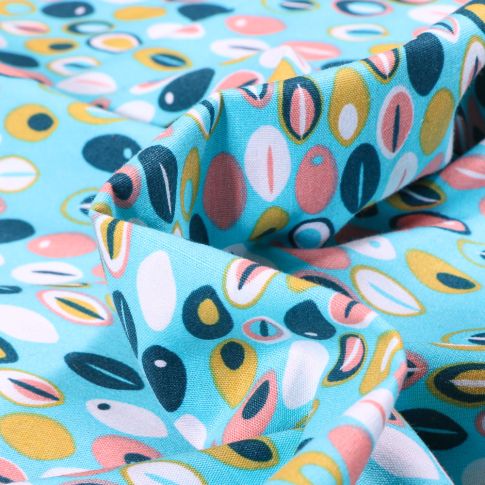 Tissu Coton imprimé LittleBird Motifs abstraits multicolores sur fond Bleu turquoise