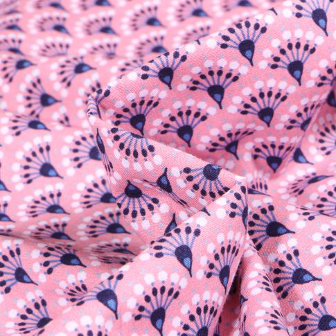Tissu Coton imprimé LittleBird Eventails fleuris sur fond Rose