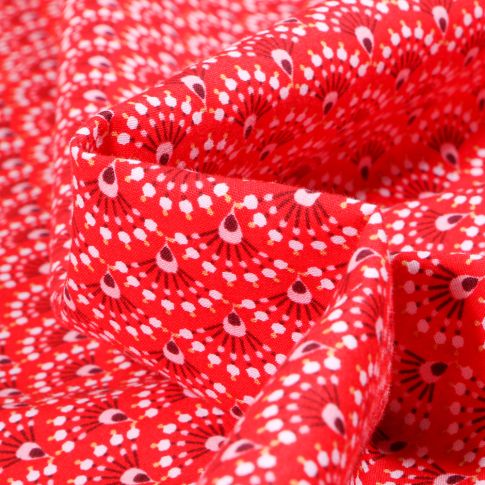 Tissu Coton imprimé LittleBird Eventails fleuris sur fond Rouge