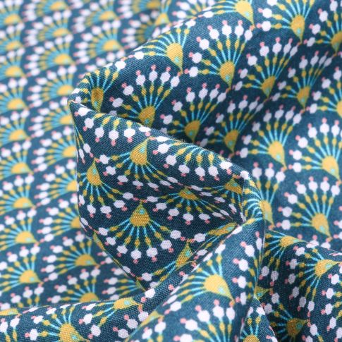 Tissu Coton imprimé LittleBird Eventails fleuris sur fond Bleu pétrole
