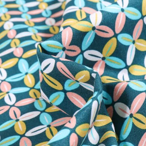 Tissu Coton imprimé LittleBird Fleurs abstraites sur fond Vert émeraude
