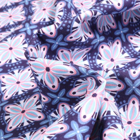 Tissu Coton imprimé LittleBird Losanges fleuris sur fond Bleu foncé