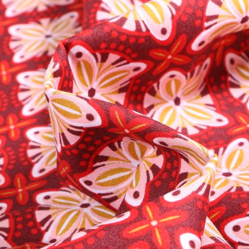 Tissu Coton imprimé LittleBird Losanges fleuris sur fond Rouge