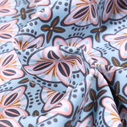 Tissu Coton imprimé LittleBird Losanges fleuris sur fond Bleu ciel