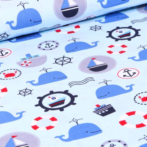 Tissu Coton imprimé LittleBird Baleines et motifs marin sur fond Bleu ciel