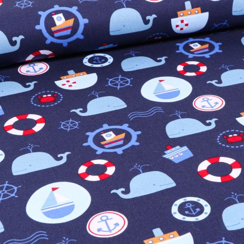Tissu Coton imprimé LittleBird Baleines et motifs marin sur fond Bleu marine