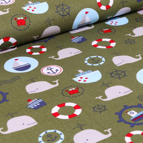 Tissu Coton imprimé LittleBird Baleines et motifs marin sur fond Vert kaki