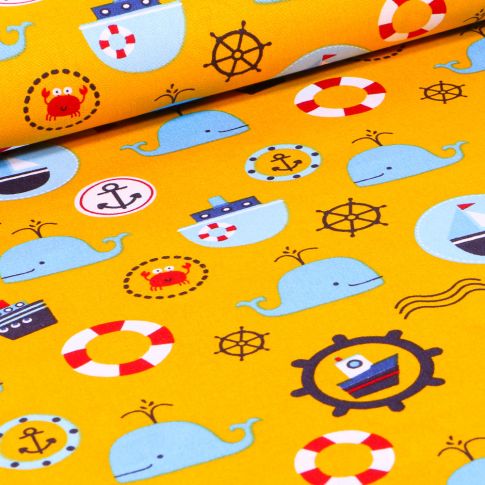 Tissu Coton imprimé LittleBird Baleines et motifs marin sur fond Jaune