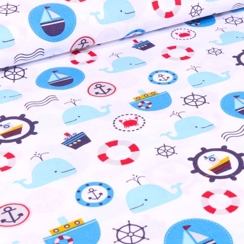 Tissu Coton imprimé LittleBird Baleines et motifs marin sur fond Blanc