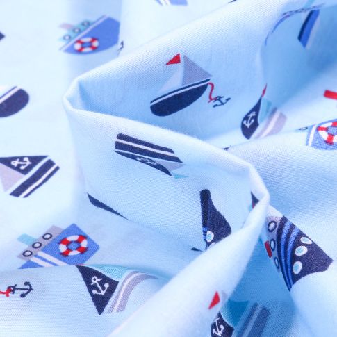 Tissu Coton imprimé LittleBird Bateaux sur fond Bleu ciel