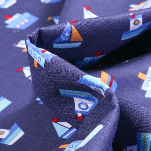Tissu Coton imprimé LittleBird Bateaux sur fond Bleu marine