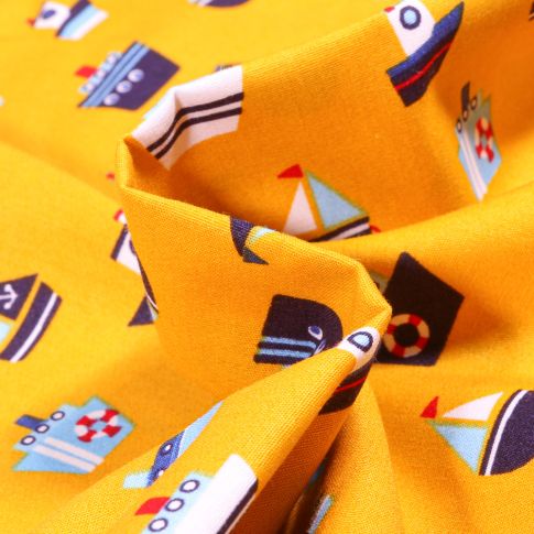 Tissu Coton imprimé LittleBird Bateaux sur fond Jaune