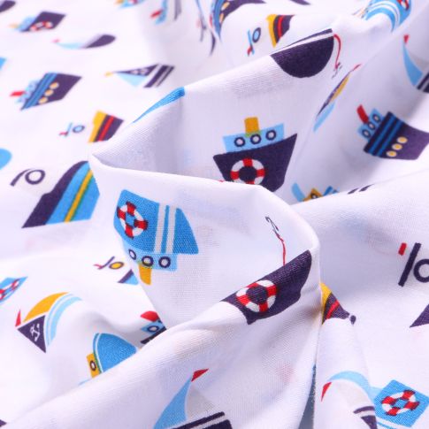 Tissu Coton imprimé LittleBird Bateaux sur fond Blanc