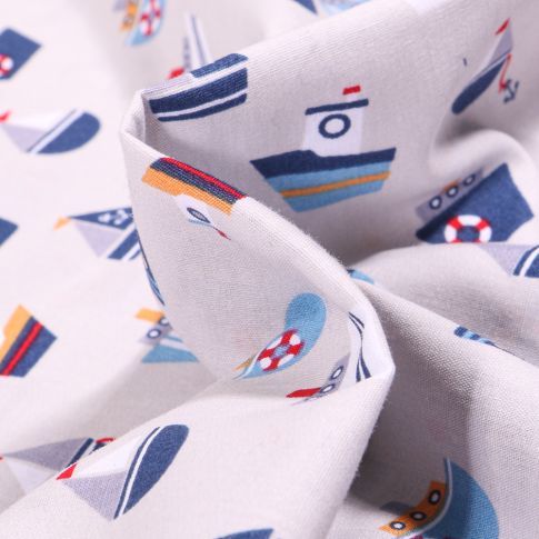 Tissu Coton imprimé LittleBird Bateaux sur fond Gris