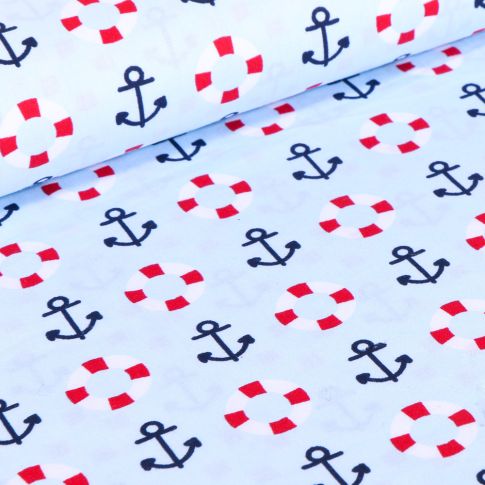 Tissu Coton imprimé Brest Ancres marine et bouée sur fond Bleu ciel