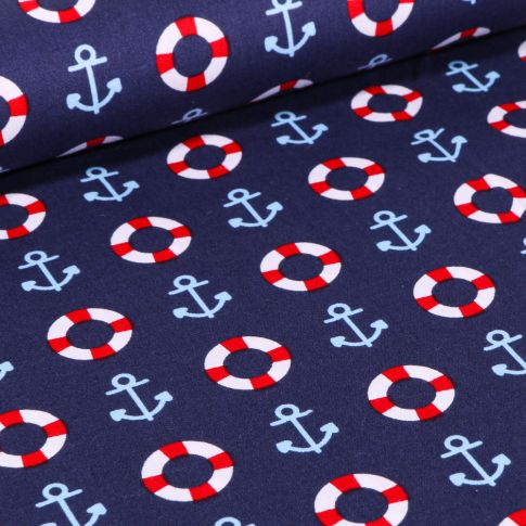 Tissu Coton imprimé Brest Ancres marine et bouée sur fond Bleu marine
