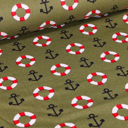 Tissu Coton imprimé Brest Ancres marine et bouée sur fond Vert kaki