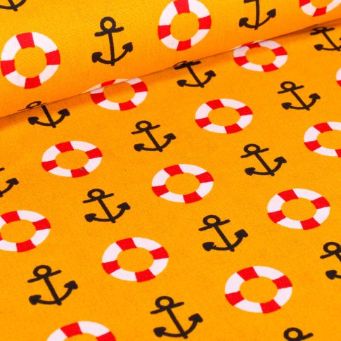 Tissu Coton imprimé Brest Ancres marine et bouée sur fond Jaune