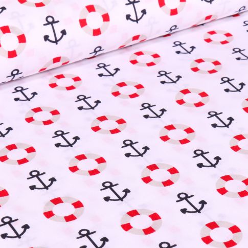 Tissu Coton imprimé Brest Ancres marine et bouée sur fond Blanc