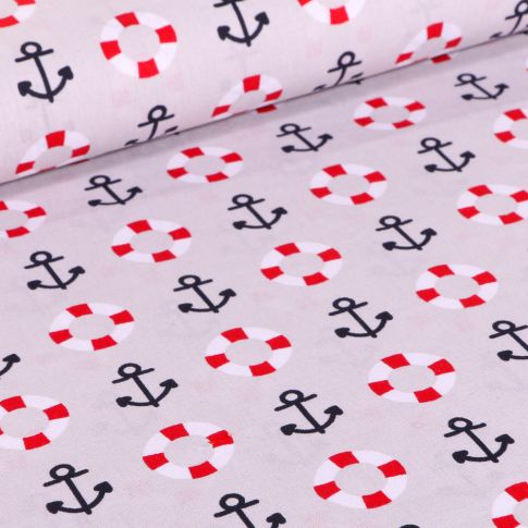 Tissu Coton imprimé Brest Ancres marine et bouée sur fond Gris